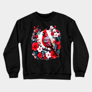 Cute Northern Cardinal Surrounded by Vibrant Spring Flowers Crewneck Sweatshirt